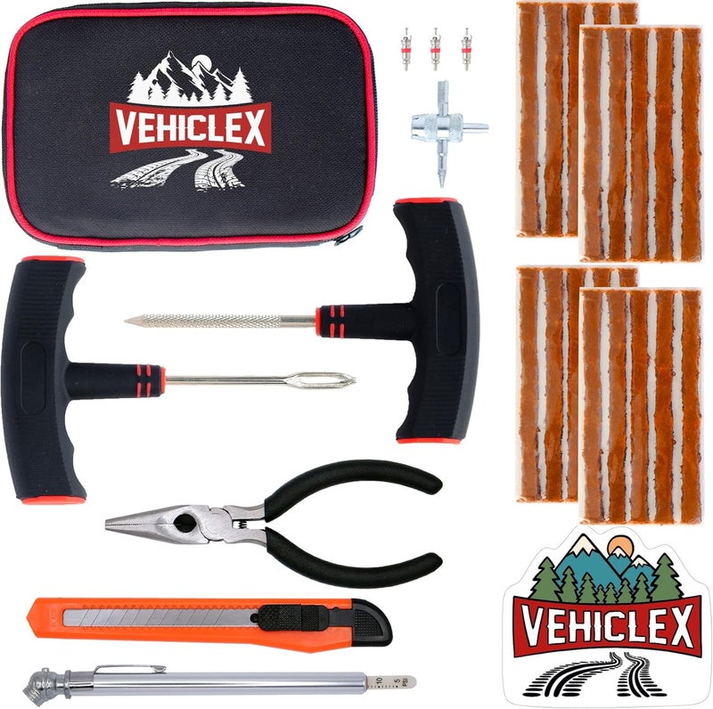 Vehiclex طقم إصلاح الإطارات للتوصيل والترقيع - طقم مكون من 30 قطعة مع كماشة للسيارة والدراجة النارية وATV والجرار وماكينة جز العشب - Image 1
